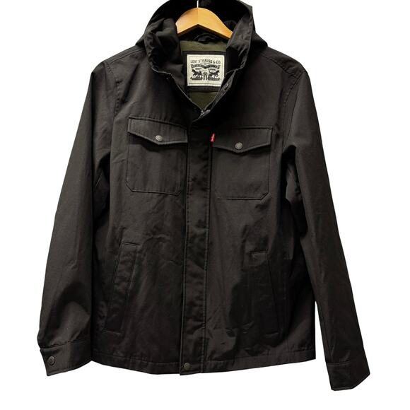 Levi's Jacket Mens Small Black Hooded Full Zip + Snap Softshell Outdoors Pockets - Picture 1 of 8